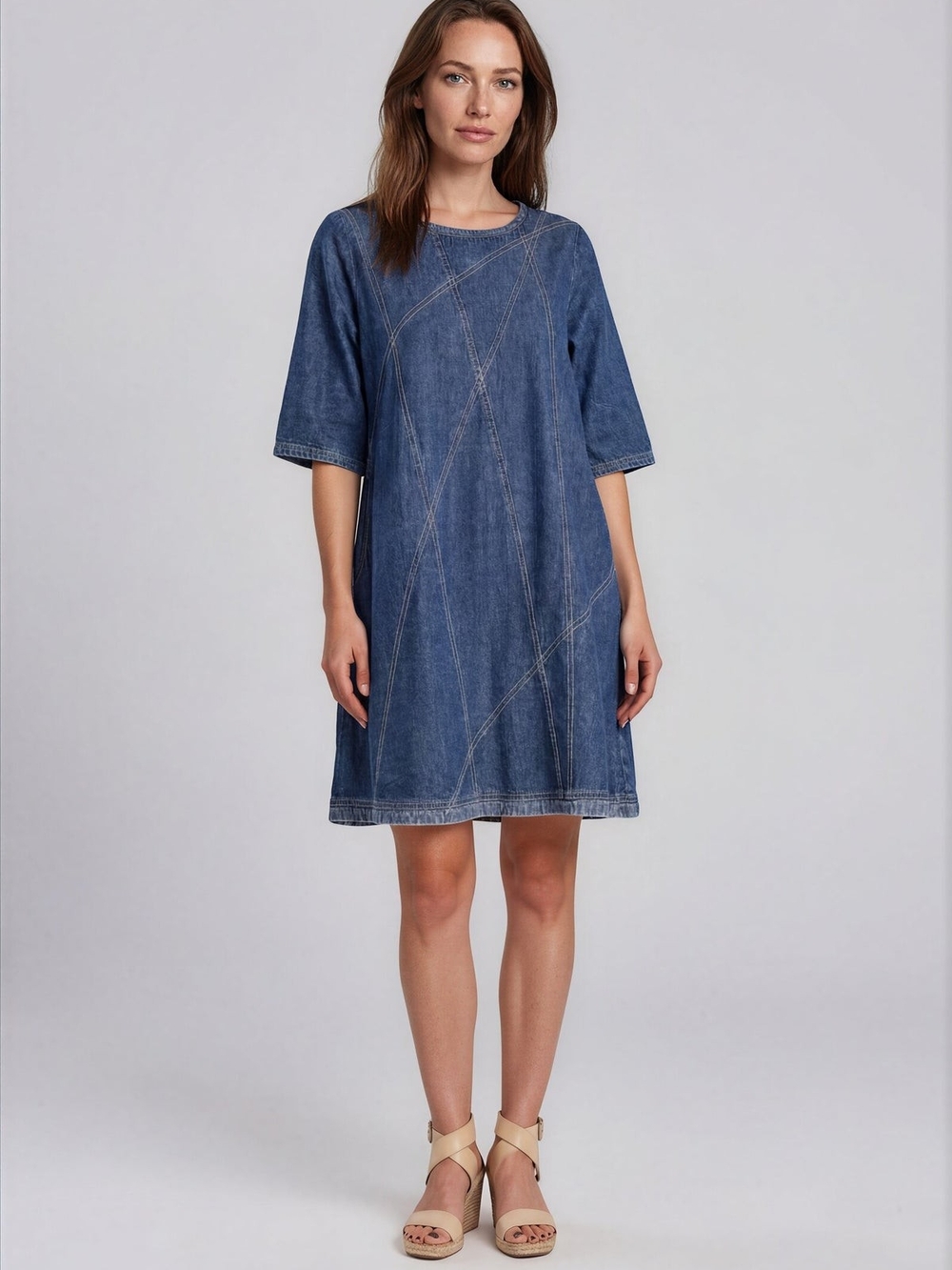 Casual Blue Denim Shift Dress - Relaxed Short Sleeve